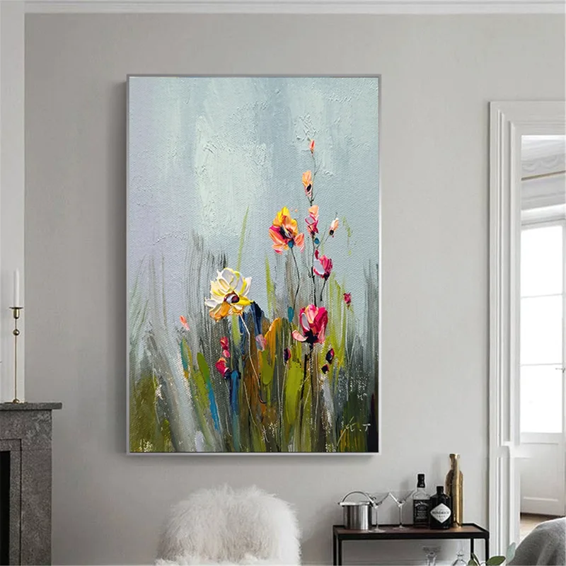 Flower Painting Abstract Acrylic Canvas Art with Textured Design