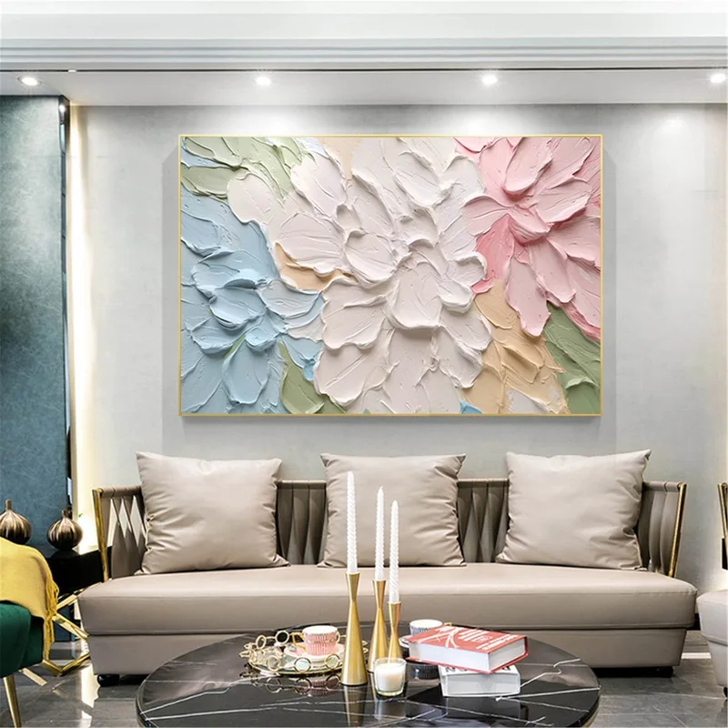 Pink Floral Painting on Canvas Framed Acrylic Art for Wall Design