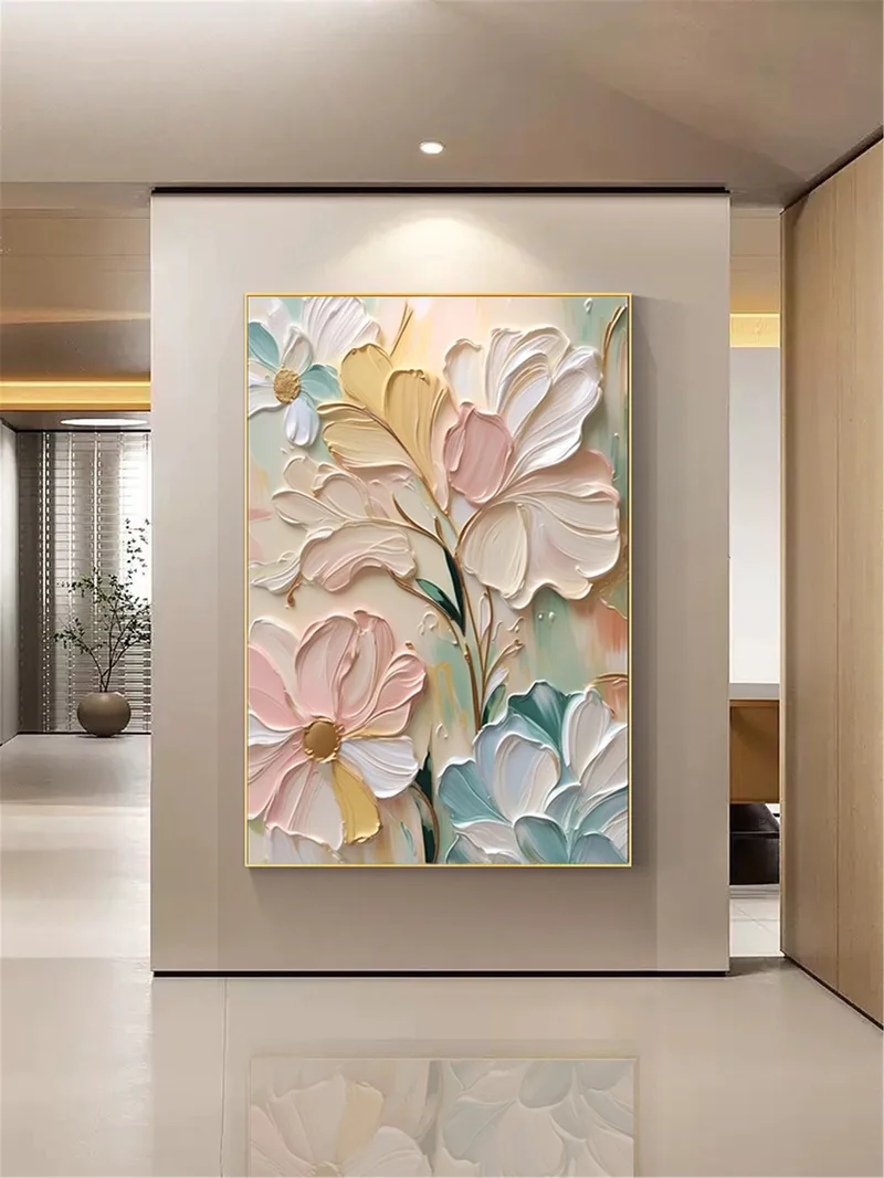 Pink Floral Art Acrylic Painting on Canvas with Textured Finish