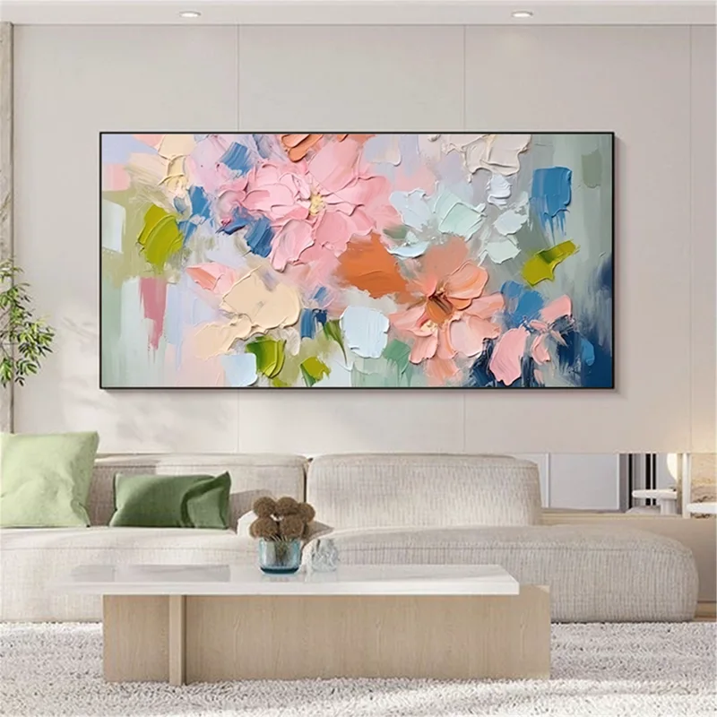 Floral Wall Art Pink Flower Painting on Canvas for Modern Walls