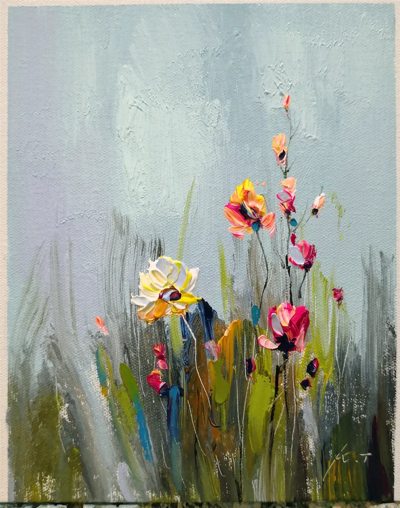 Flower Painting Abstract Acrylic Canvas Art with Textured Design