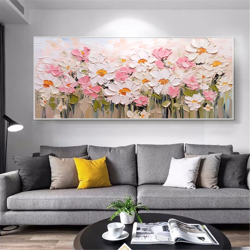 Pink Floral Wall Art Acrylic Painting on Canvas with 3D Texture