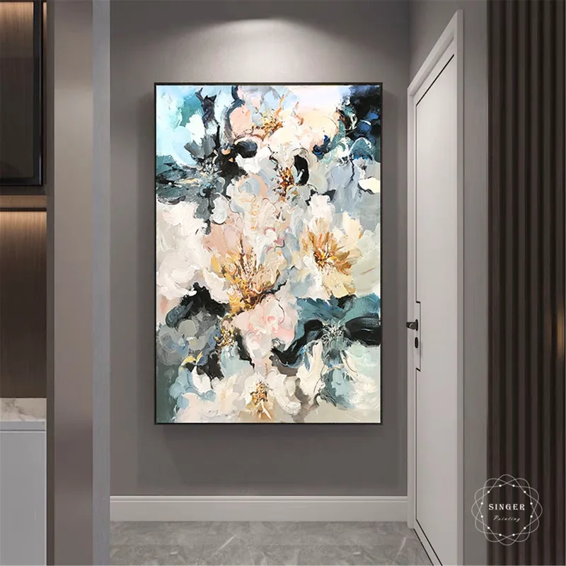Floral Wall Art Pink Flower Painting on Framed Canvas for Decor