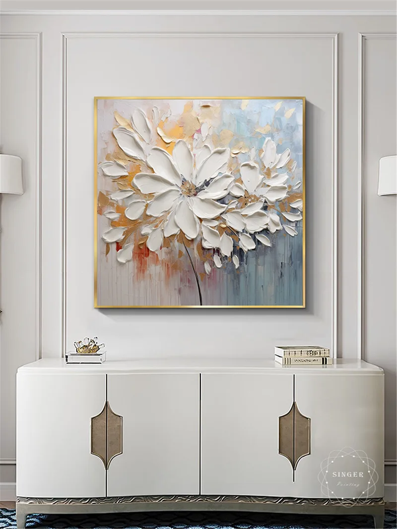 Abstract Flower Wall Art Canvas Painting with Textured Acrylic Design