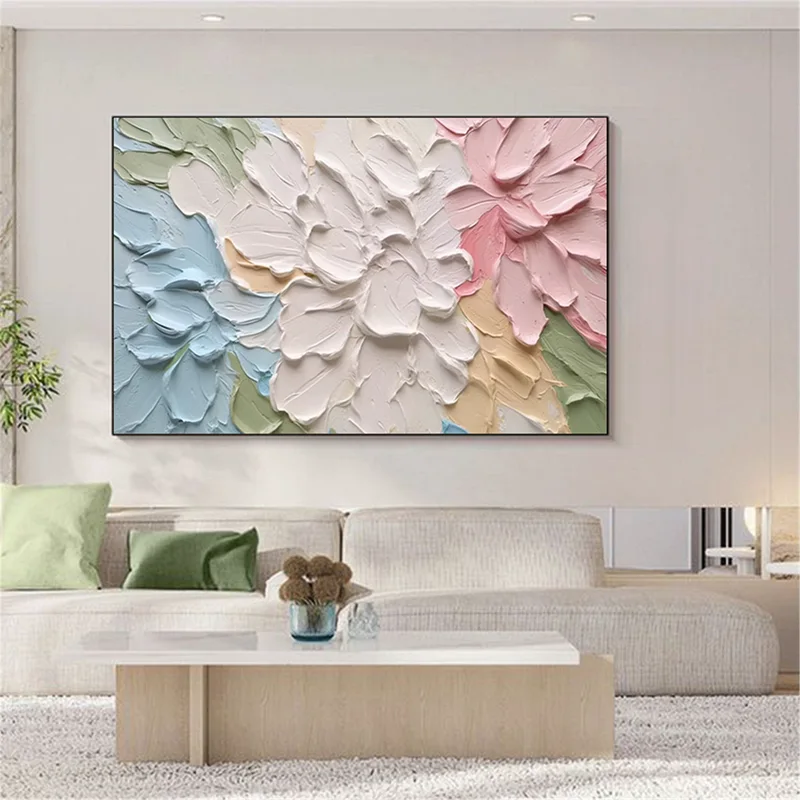 Pink Floral Painting on Canvas Framed Acrylic Art for Wall Design