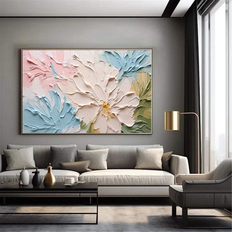 Pink Floral Painting Abstract Acrylic Canvas Art for Wall Display