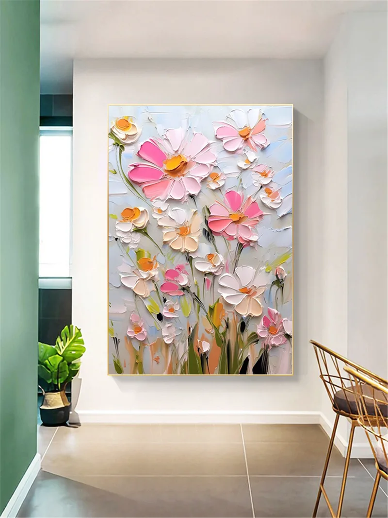 Pink Flower Painting Acrylic Canvas Art with Textured Wall Design