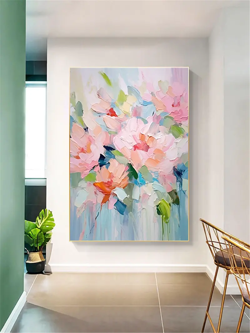 Pink Flower Wall Art Canvas Painting with 3D Textured Finish