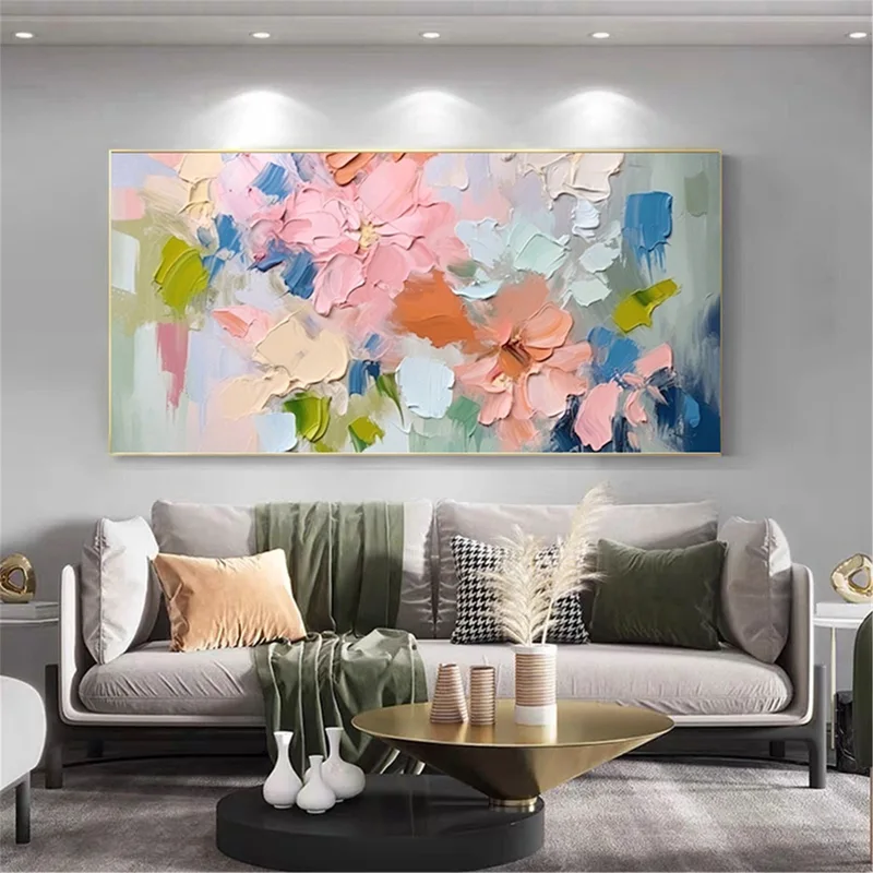 Floral Wall Art Pink Flower Painting on Canvas for Modern Walls
