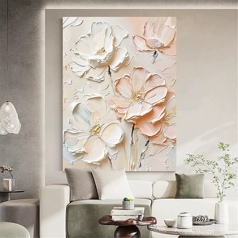 Abstract Floral Art Pink Flower Painting on Textured Canvas