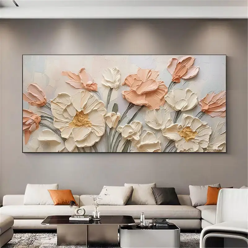 Pink Flower Wall Art Framed Abstract Acrylic Painting for Gift Ideas