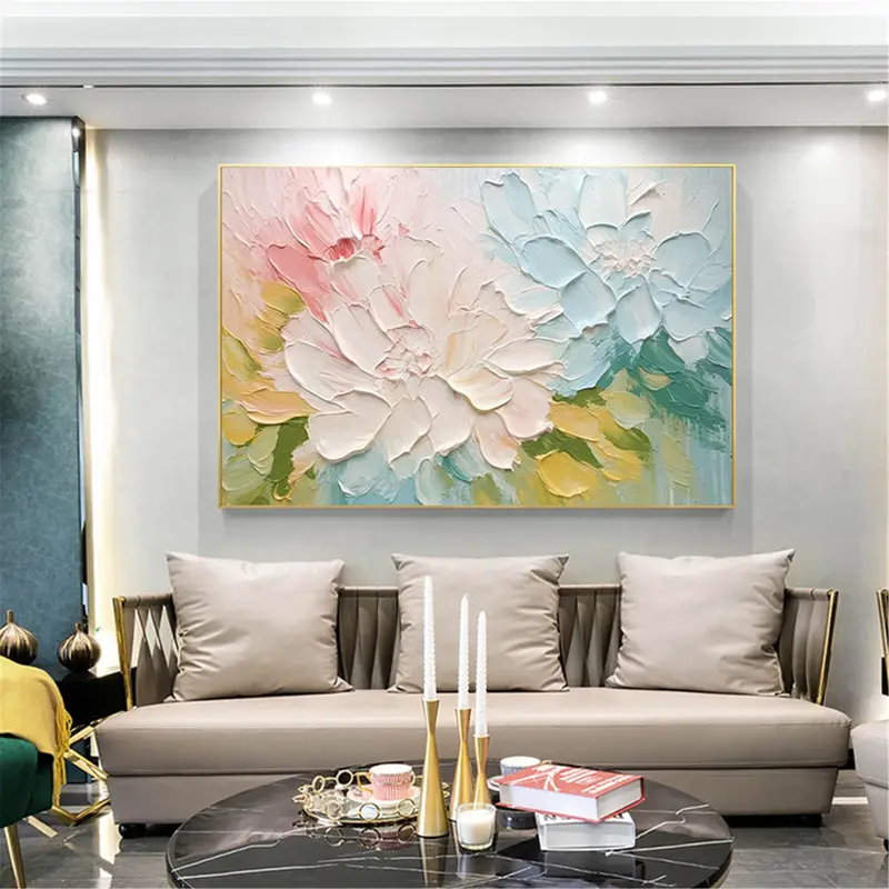 Flower Wall Art Framed Canvas Painting with Textured Acrylic Design