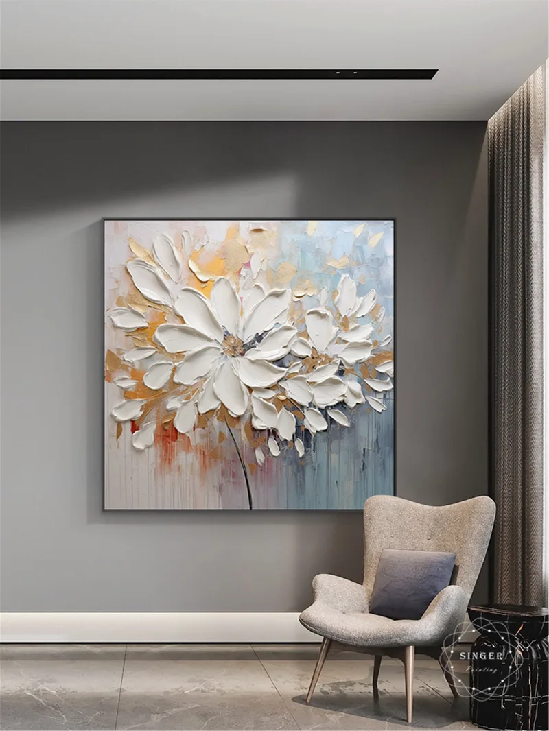 Abstract Flower Wall Art Canvas Painting with Textured Acrylic Design