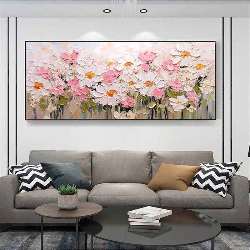 Pink Floral Wall Art Acrylic Painting on Canvas with 3D Texture