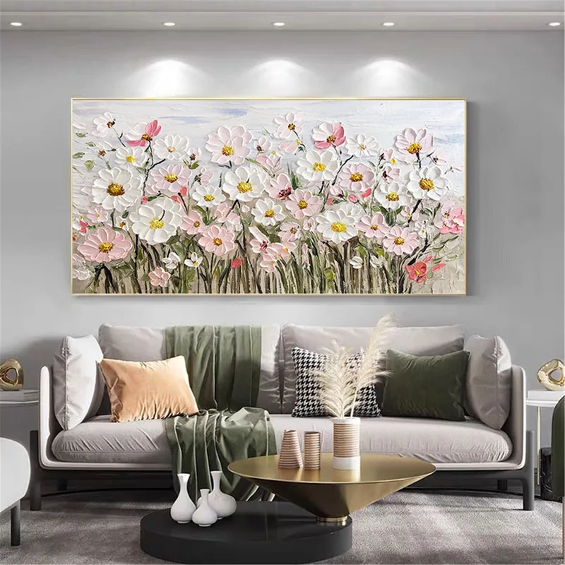 Pink Floral Art Abstract Acrylic Painting Framed for Wall Decoration