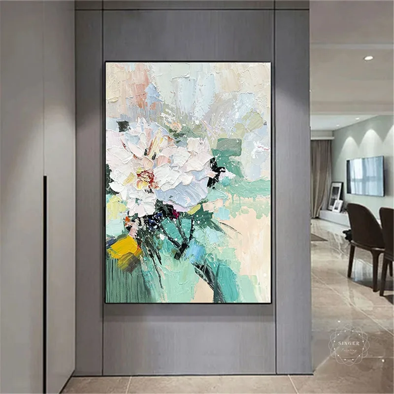Pink Flower Wall Art Original Abstract Painting on Framed Canvas