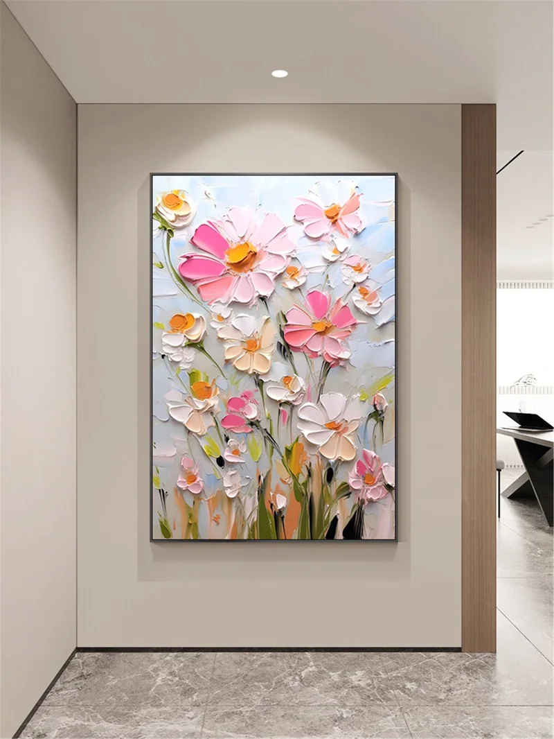 Pink Flower Painting Acrylic Canvas Art with Textured Wall Design
