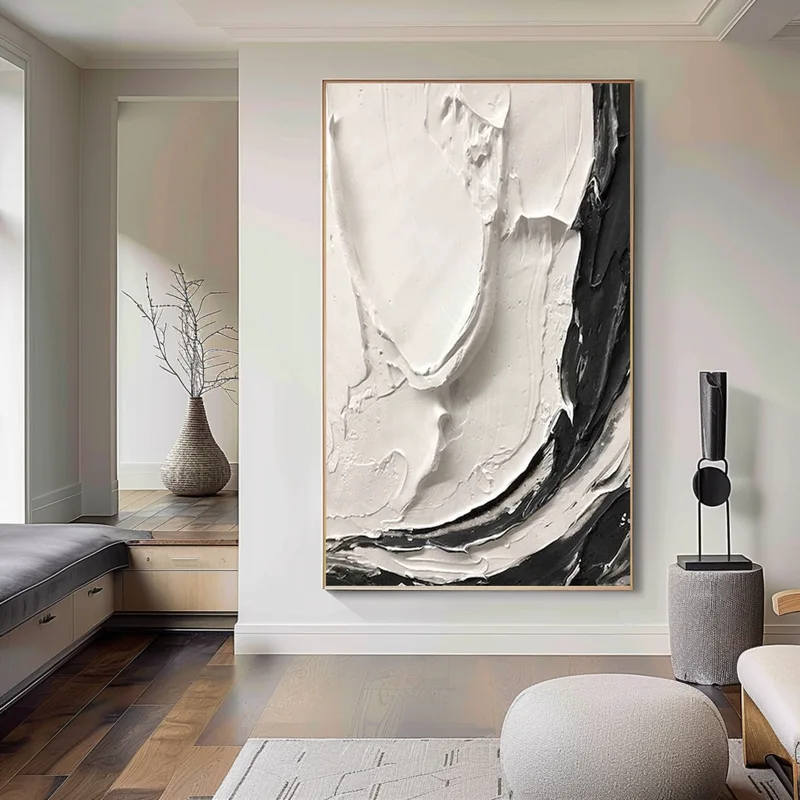 Large Framed Black and White Minimalist 3D Textured Art - Modern Painting