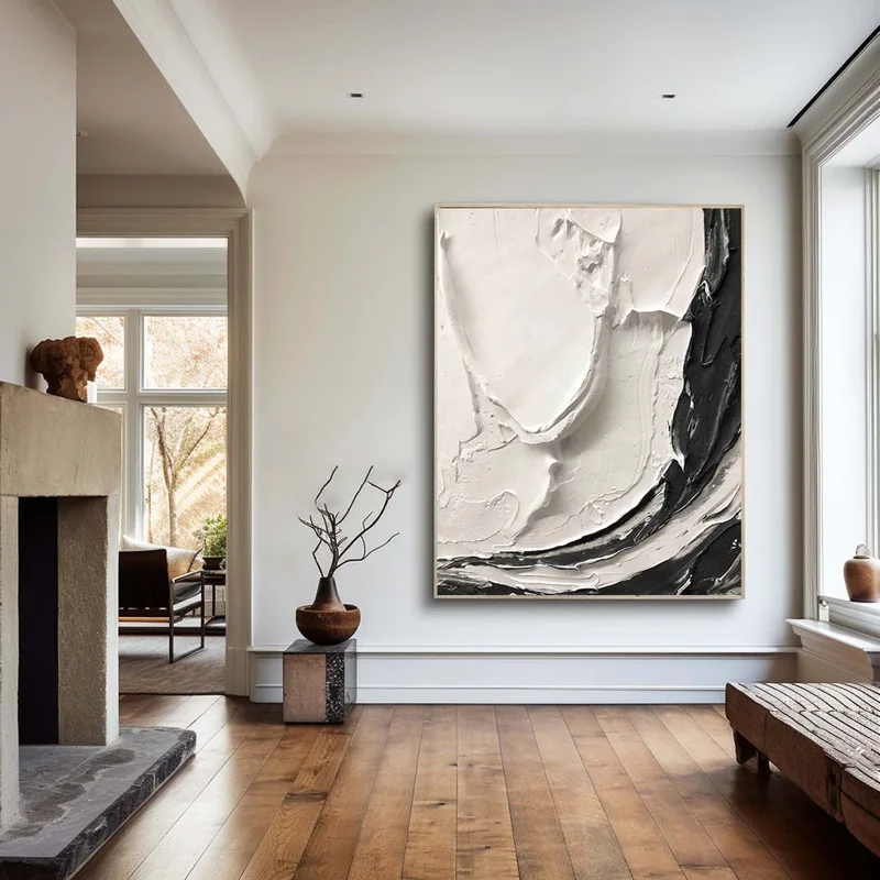 Large Framed Black and White Minimalist 3D Textured Art - Modern Painting