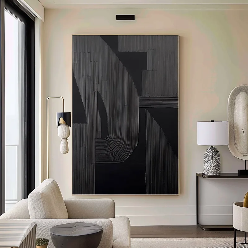 Minimalist 3D Black and White Textured Art - Large Modern Framed Painting