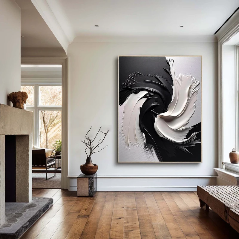 Large Black and White Minimalist 3D Texture Art - Modern Design