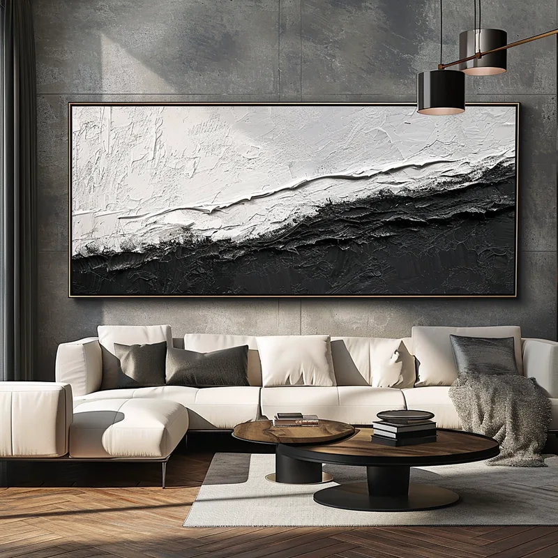 Large Black and White 3D Textured Art - Framed Minimalist Modern Design