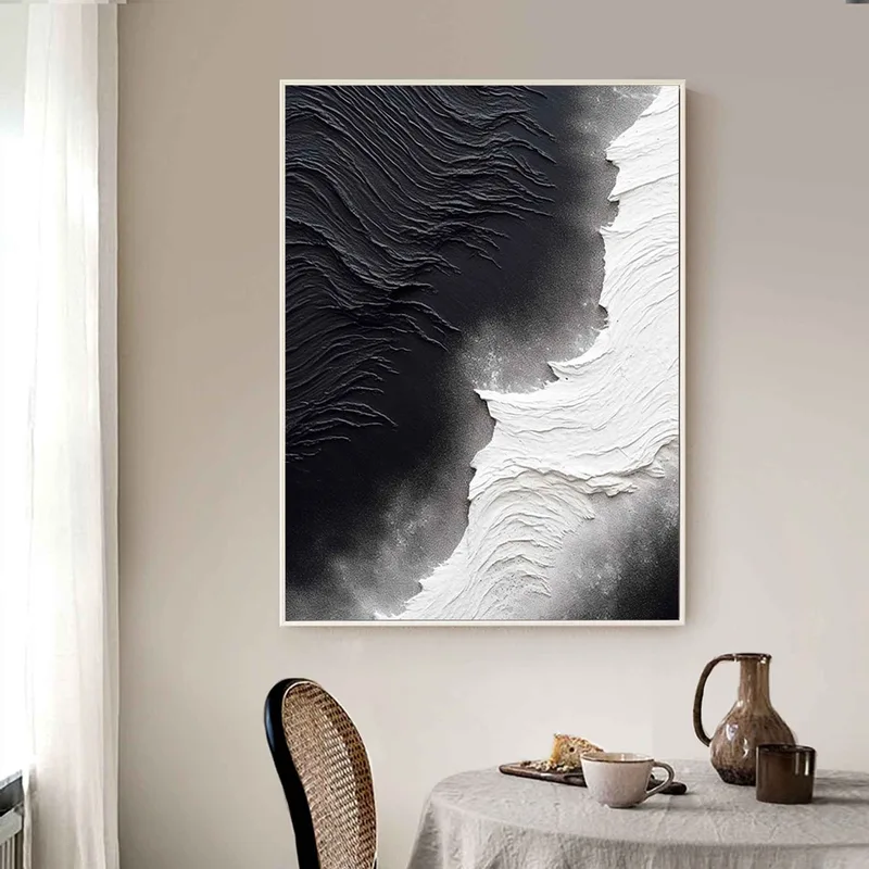Modern Black and White Textured Art - Minimalist 3D Painting on Sale
