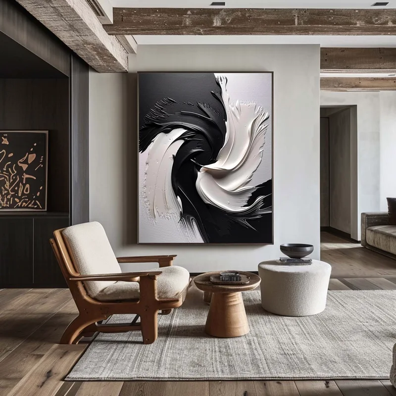Large Black and White Minimalist 3D Texture Art - Modern Design