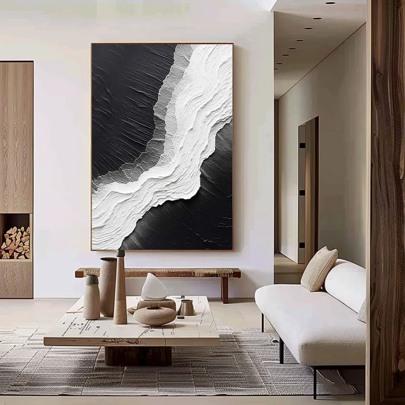 Framed Black and White Minimalist 3D Textured Art - Large Design