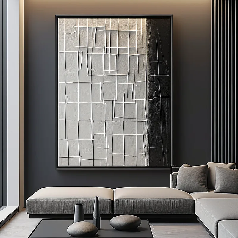 Large Framed Black and White Minimalist 3D Textured Art - Modern Design