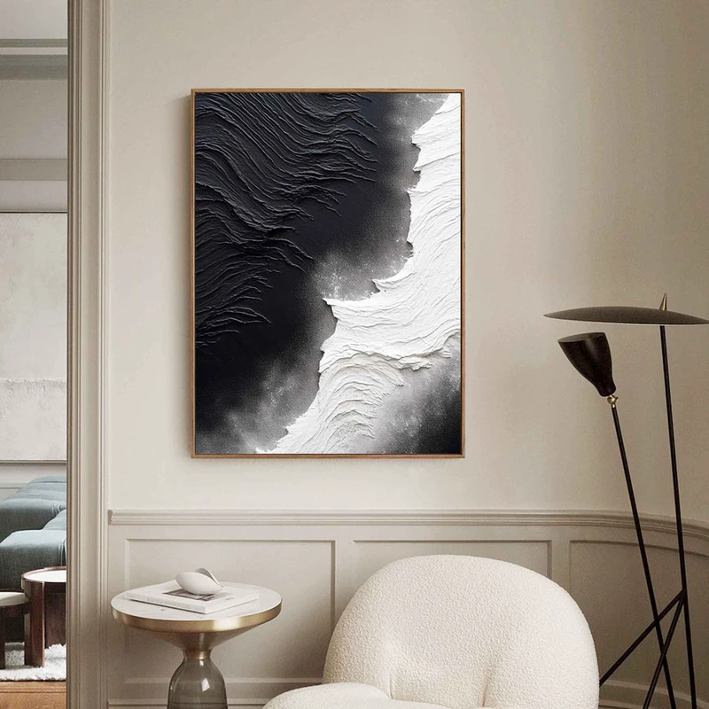 Modern Black and White Textured Art - Minimalist 3D Painting on Sale