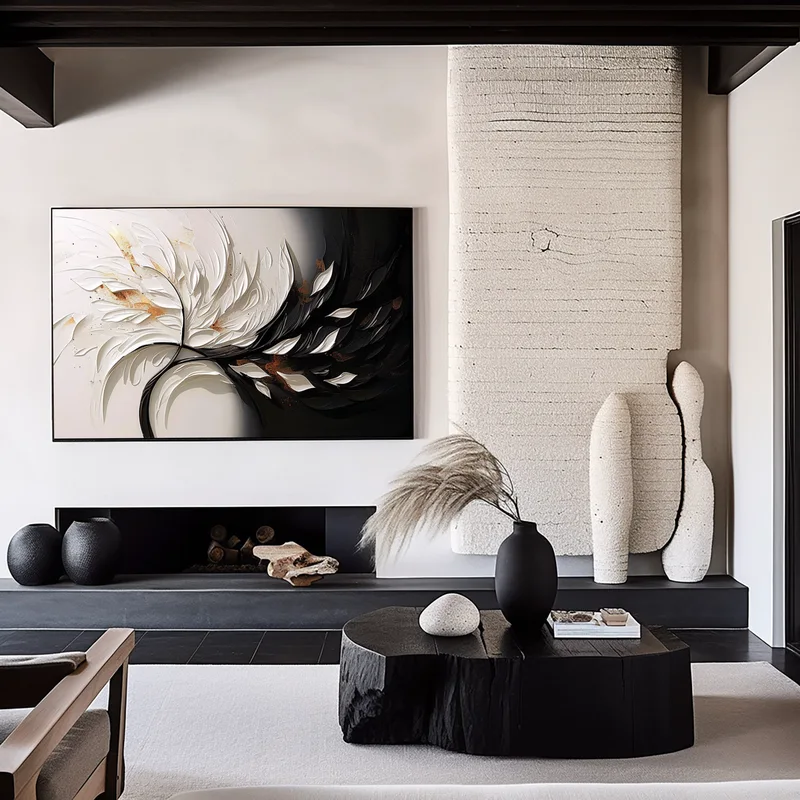Framed Black and White Minimalist 3D Textured Art - Modern Large Design