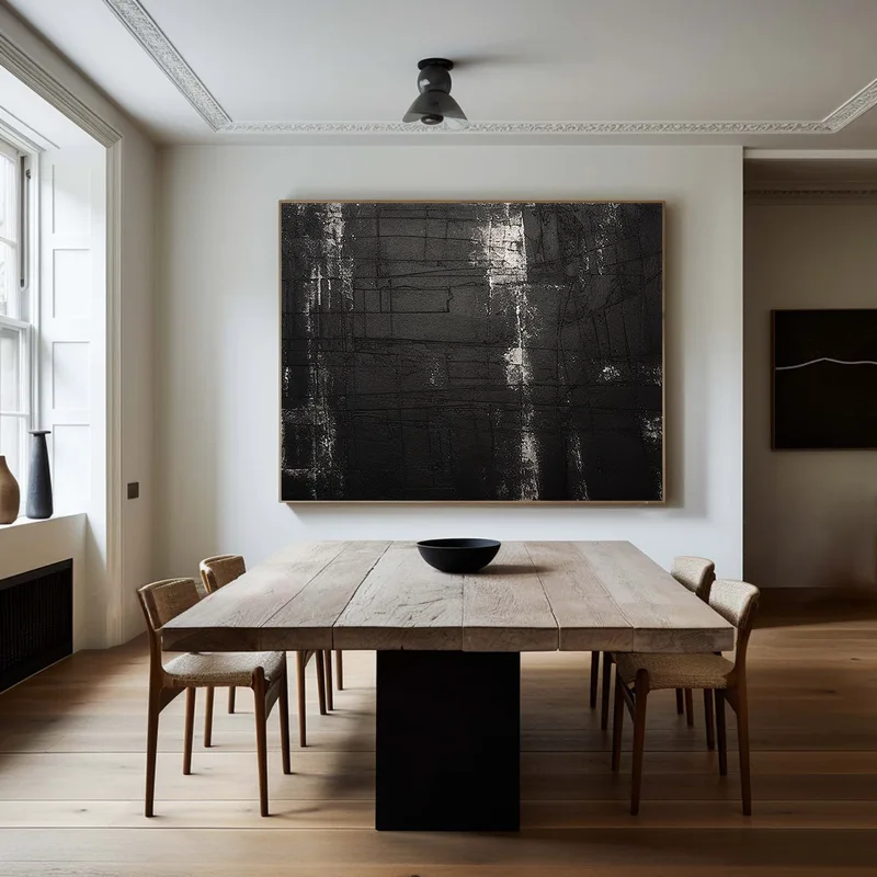 Large Black and White Textured Art - Framed Minimalist Modern 3D Painting