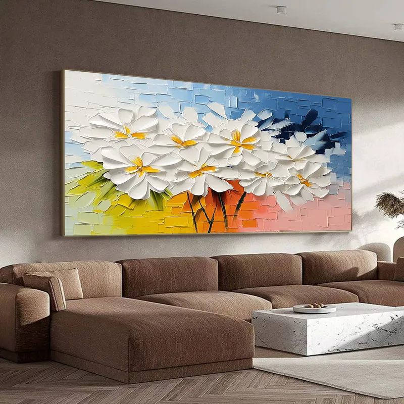Hand-Painted Colorful Floral Oil Painting – Large 3D Wall Art