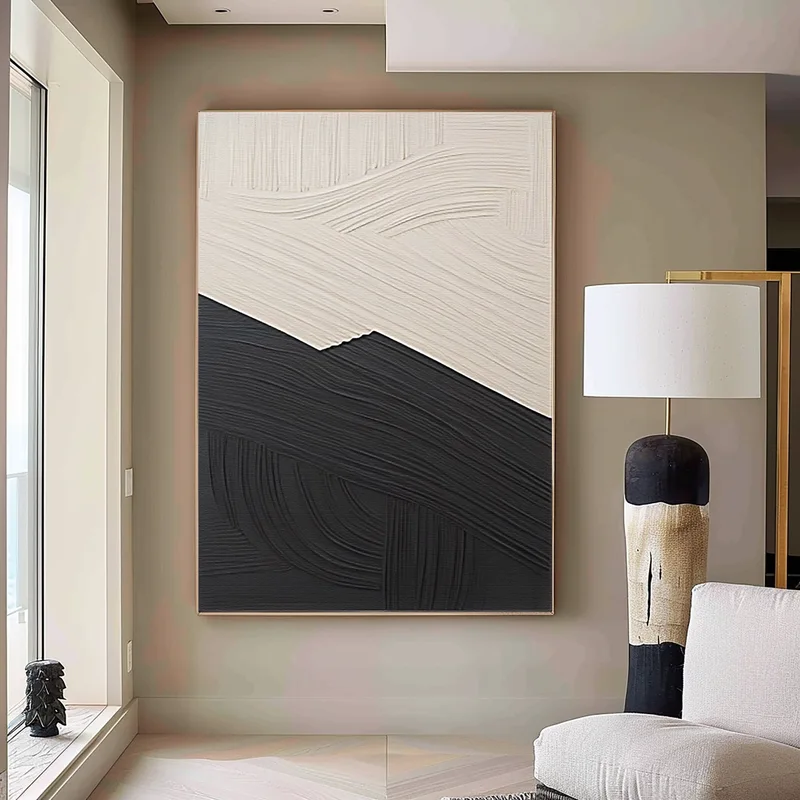 Large Framed Black and White 3D Texture Art - Minimalist Modern Design