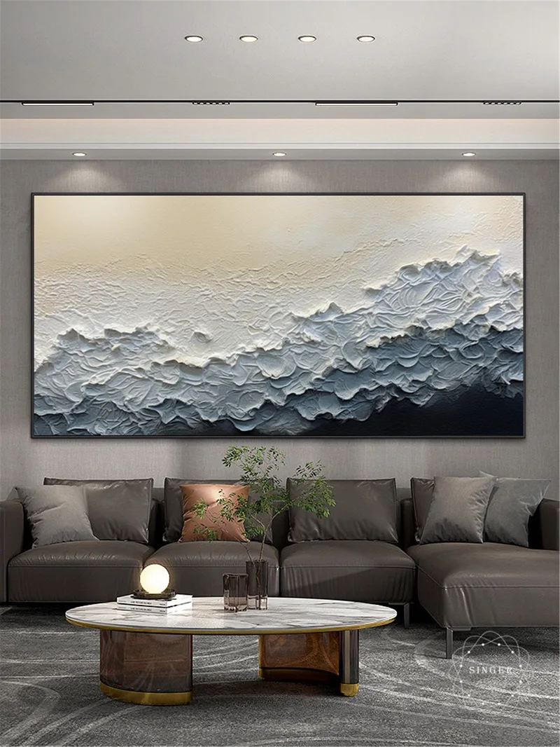 Large Blue Abstract Textured Art for Modern Living Room Wall Decor