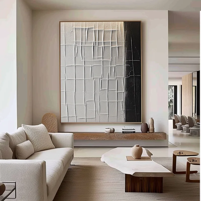 Large Framed Black and White Minimalist 3D Textured Art - Modern Design