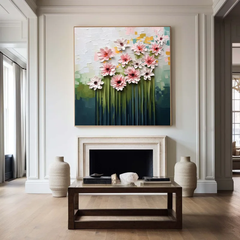 Large Colorful 3D Textured Floral Painting for Modern Wall Decor