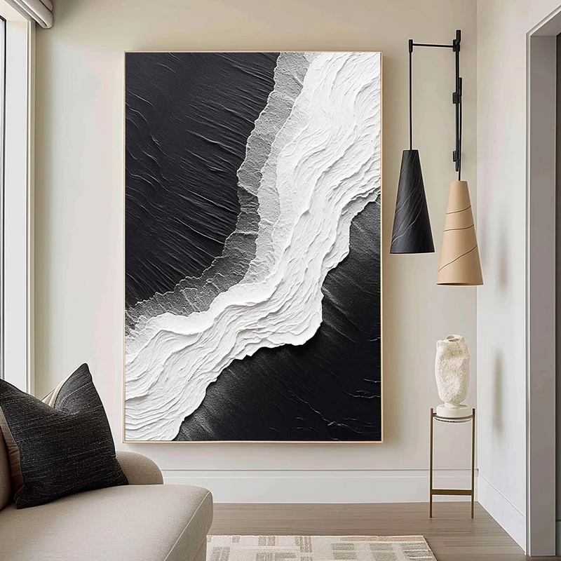 Framed Black and White Minimalist 3D Textured Art - Large Design