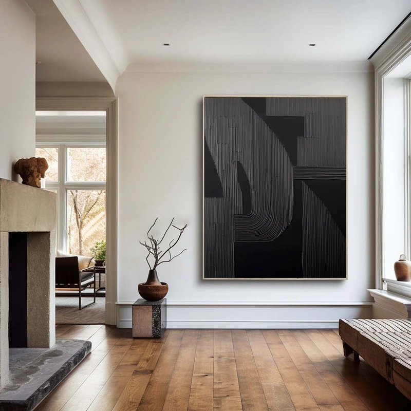 Minimalist 3D Black and White Textured Art - Large Modern Framed Painting