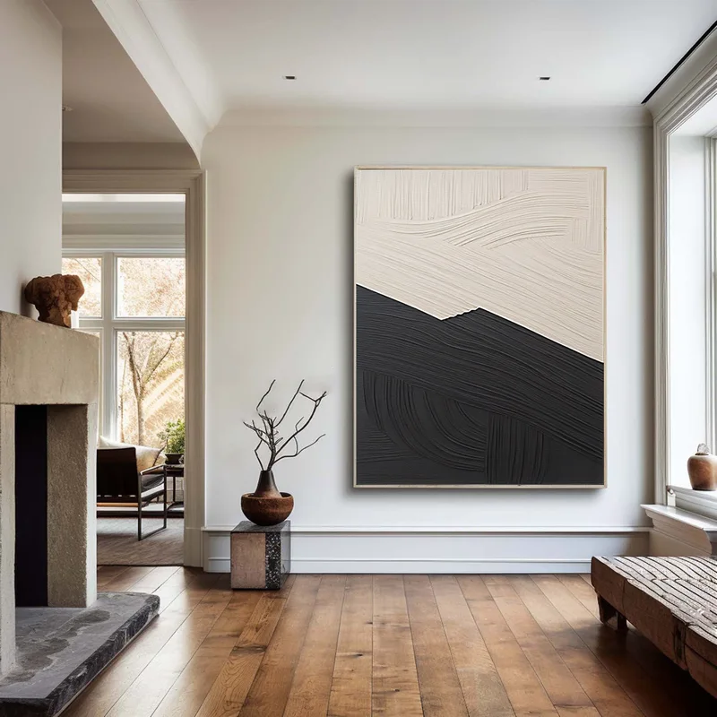 Large Framed Black and White 3D Texture Art - Minimalist Modern Design