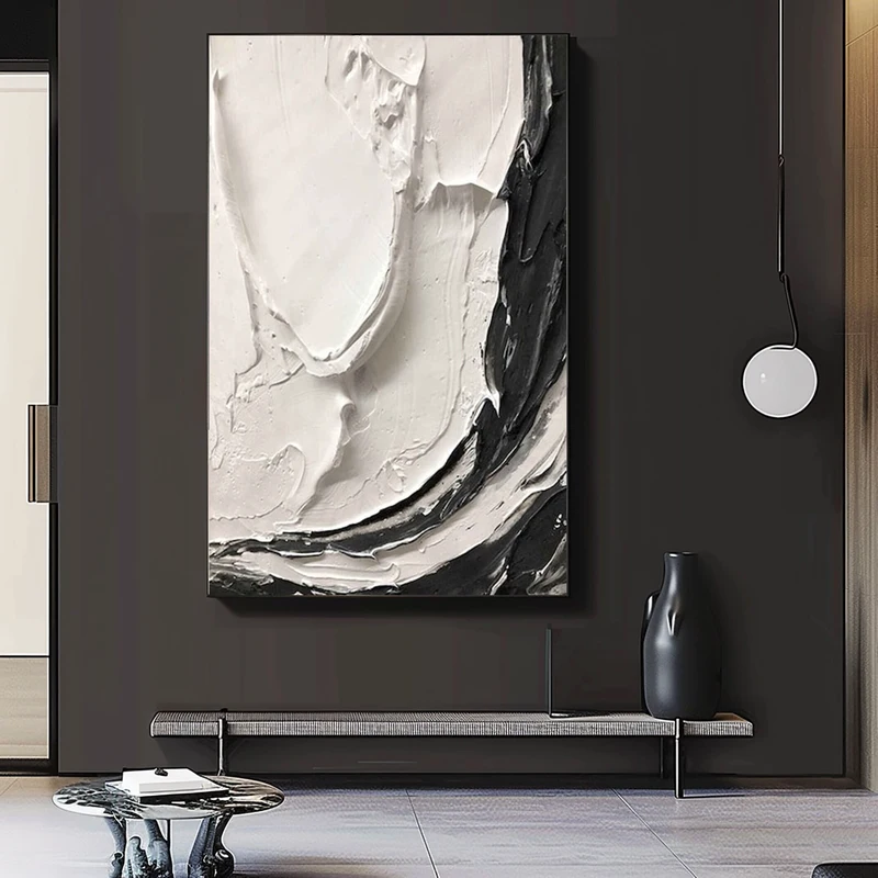 Large Framed Black and White Minimalist 3D Textured Art - Modern Painting