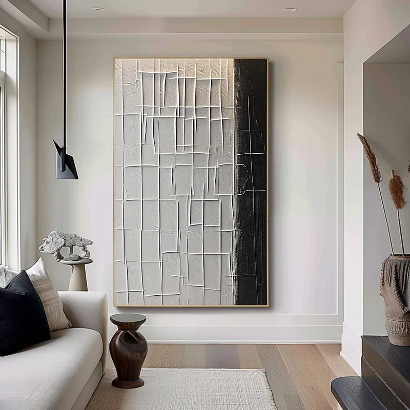 Large Framed Black and White Minimalist 3D Textured Art - Modern Design