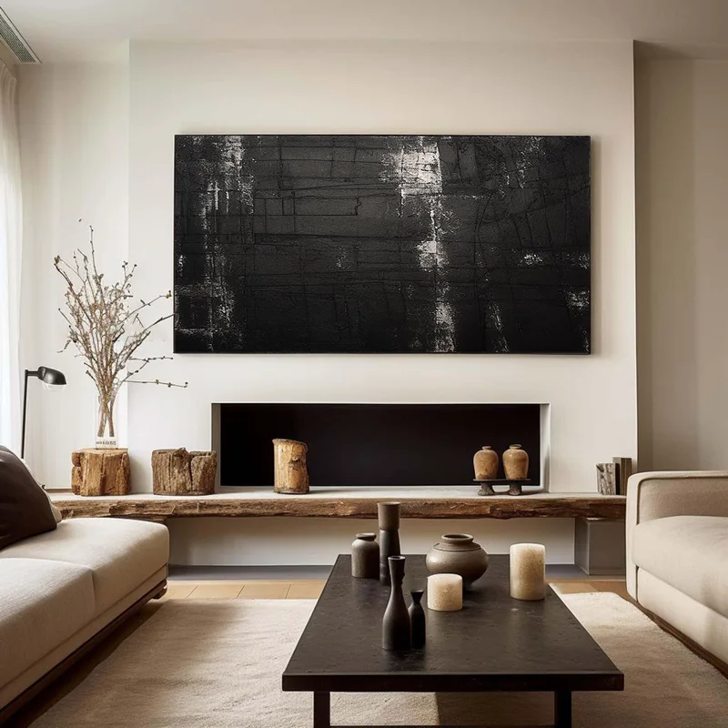 Large Black and White Textured Art - Framed Minimalist Modern 3D Painting