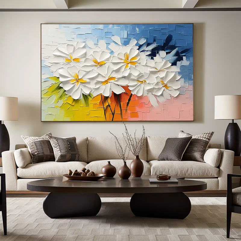 Hand-Painted Colorful Floral Oil Painting – Large 3D Wall Art