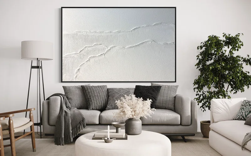 Large Black and White 3D Textured Art - Framed Minimalist Painting