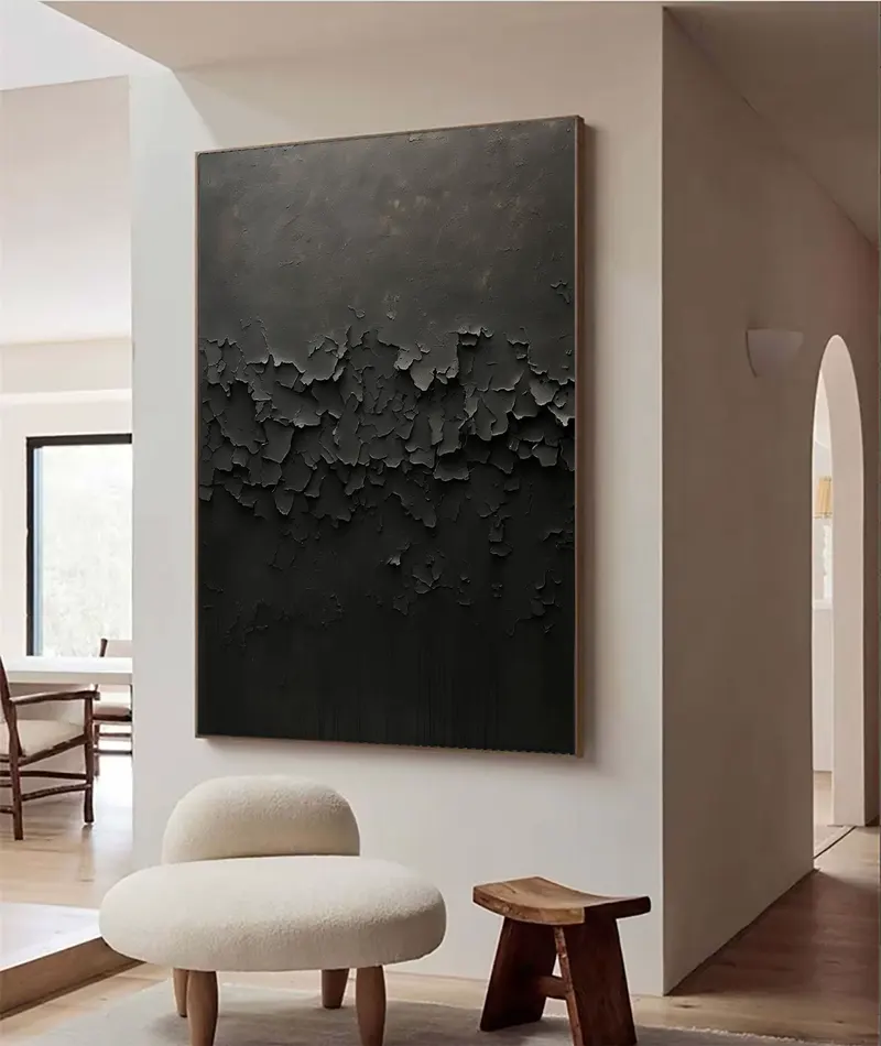 Large Black and White 3D Textured Art - Framed Minimalist Modern Painting