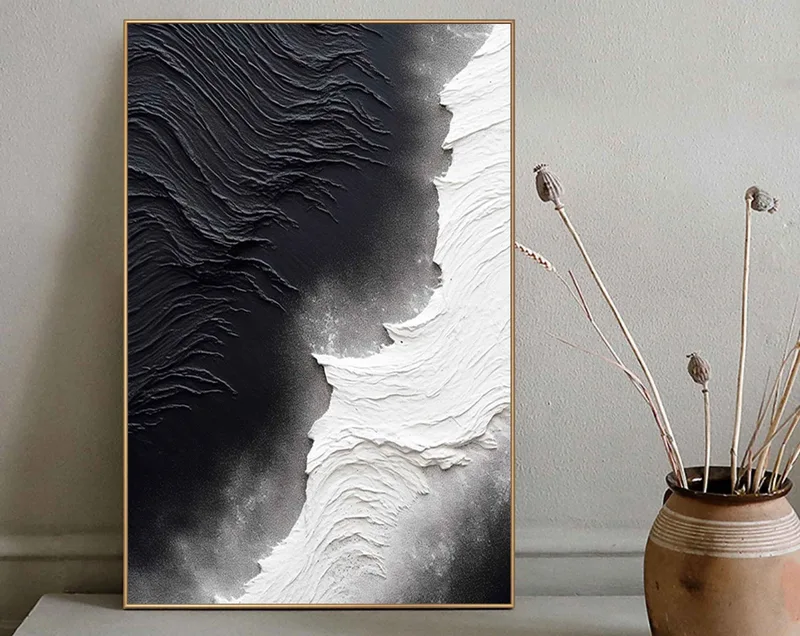 Modern Black and White Textured Art - Minimalist 3D Painting on Sale