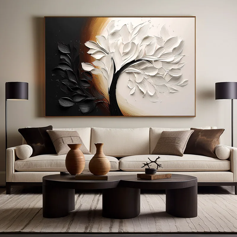 Large Hand-Painted Black and White 3D Texture Art for Sale
