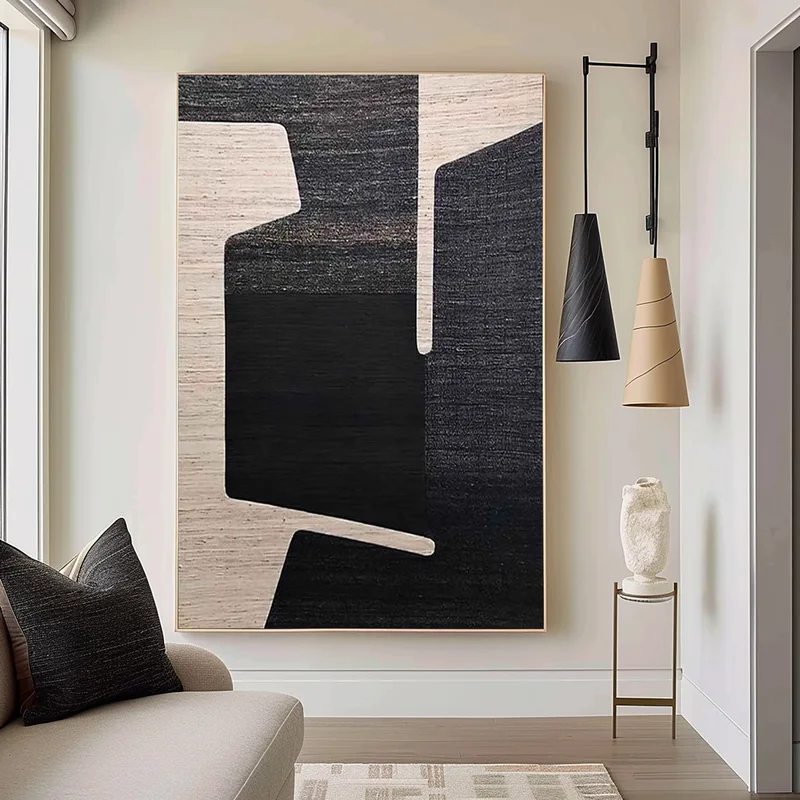 Large Modern Black and White 3D Textured Art - Framed Minimalist Design
